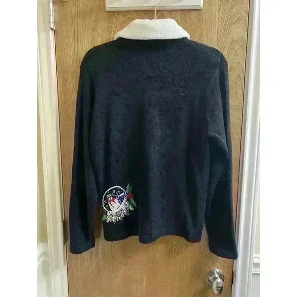 Vintage BP Design Black Beaded Christmas Snow Globe Full Zip Sweater Faux Fur M - Picture 10 of 12